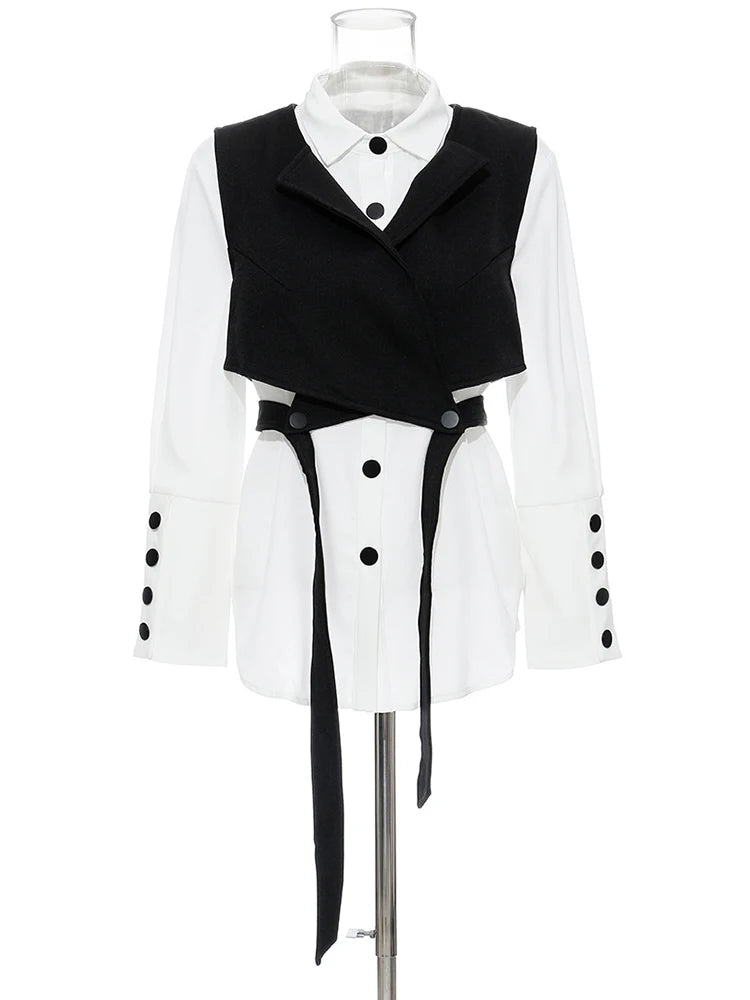 Bandage Vest Two Piece Lapel Long Sleeve Loose Fit Women Blouse