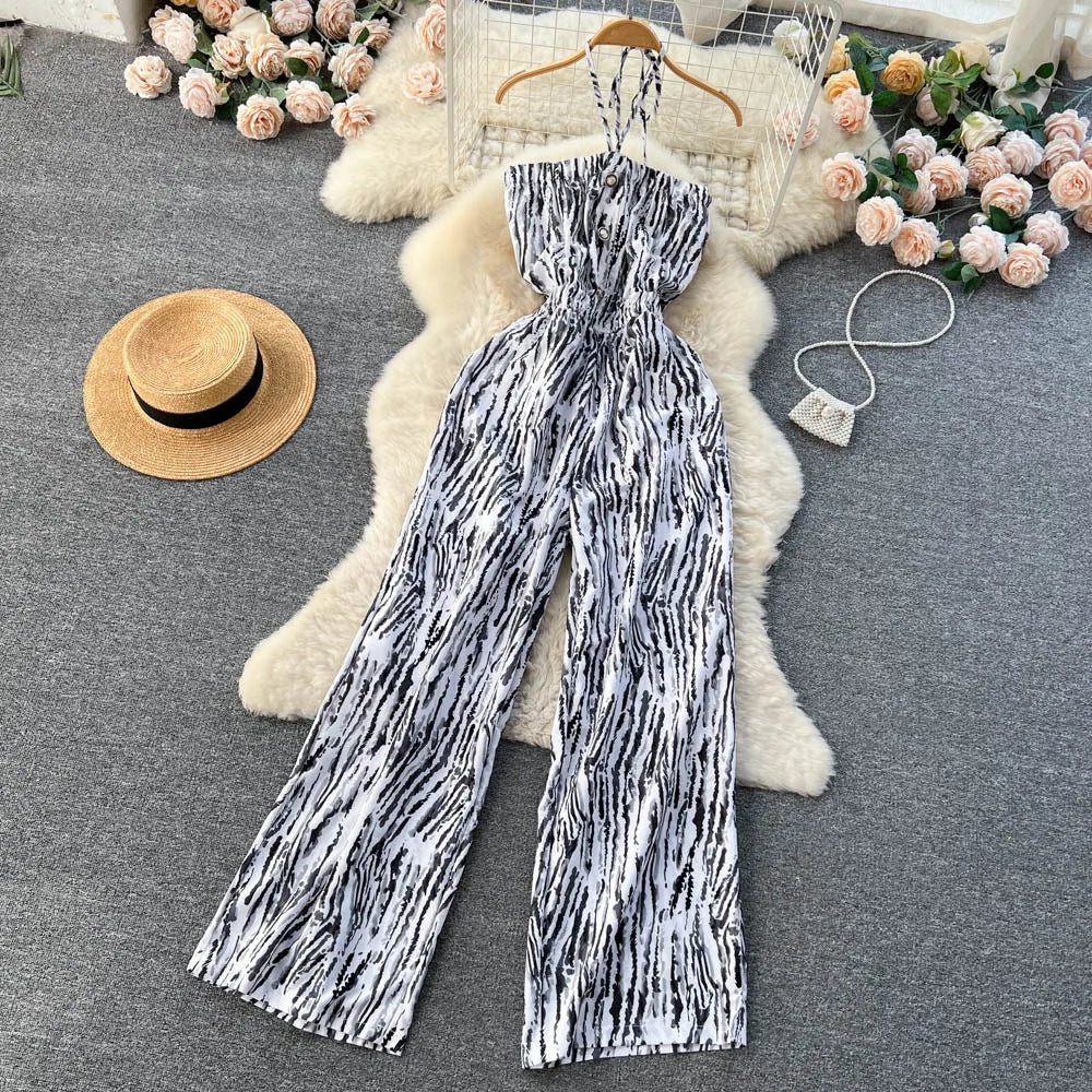 Halter Strapless Backless Loose Wide Legs Pants Beach Style Striped Jumpsuits