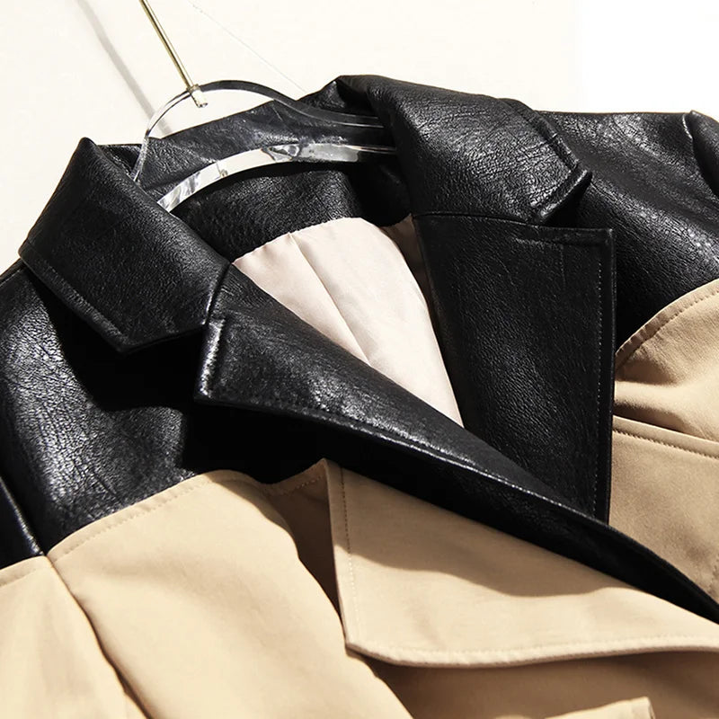 Autumn And Winter Temperament Leather Contrast Color Windbreaker Coat