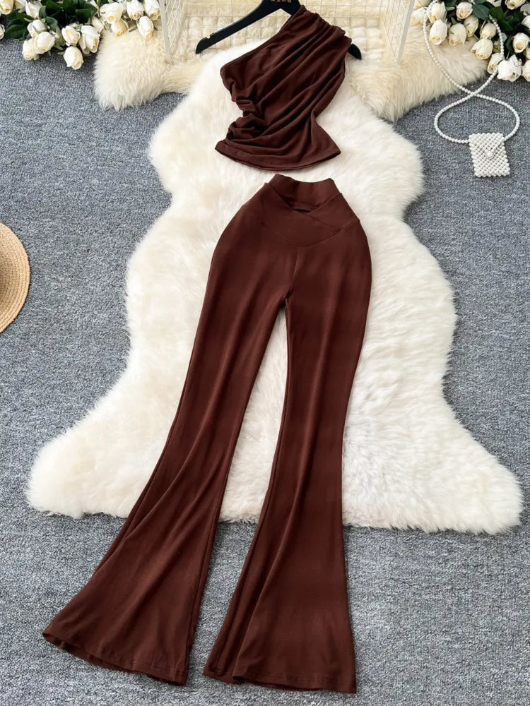 Two Pieces Sets Elegant Chic Skew Collar Pleated Tops + High Waist Flare Casual Pants  Outfits