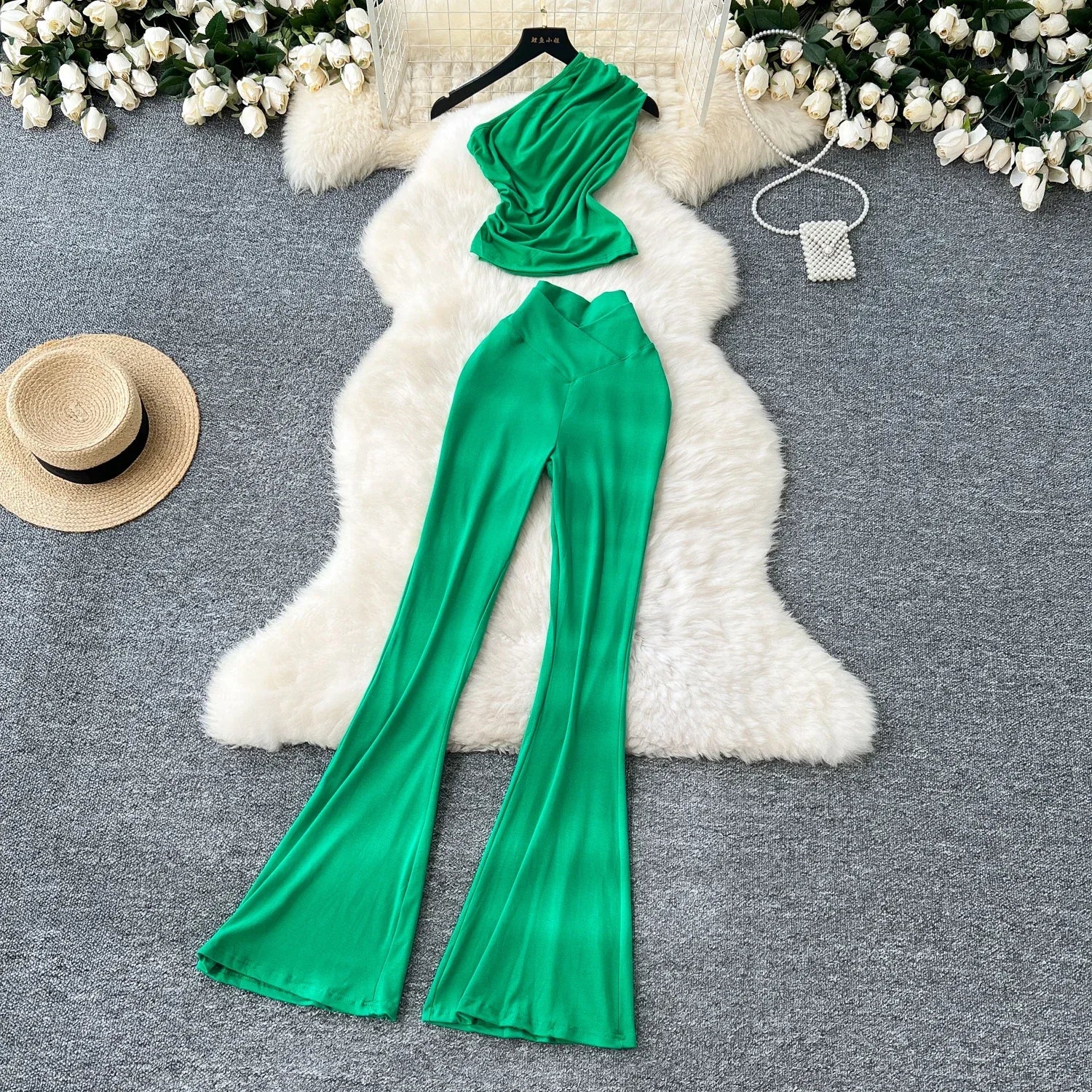 Chic Vintage Diagonal Collar Sleeveless Pleated Top and High Waist Flare Pants Two Piece Set