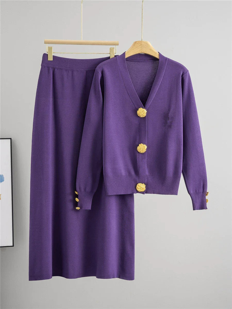 Elegant Slim Knitted 2 Piece Sets Sweater Tops High Waist Straight Pants Outfit