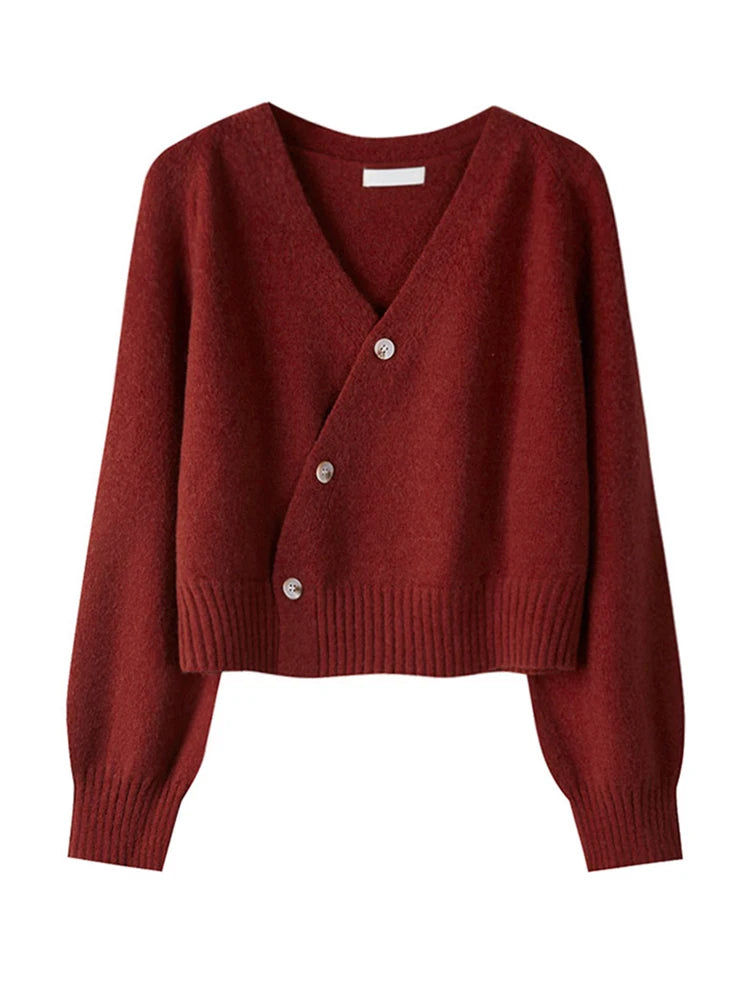 Autumn Winter Skew Button Cardigan V-neck Sweater Knitted Long Sleeve Tops Korean Loose Solid Cashmere Sweater