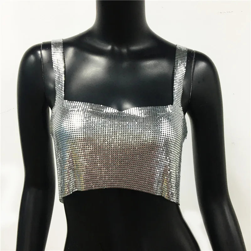 Bling Metallic Sequin Crop Top y2k Backless Straps Cropped Top