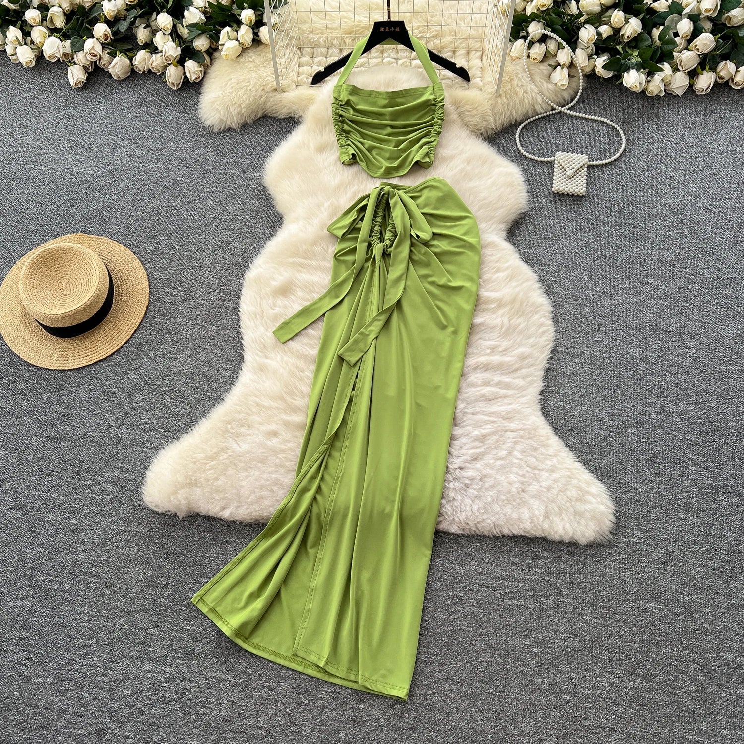 Halter Pleated Backless Top+Lace Up Split Long Skirt Two Pieces Sets