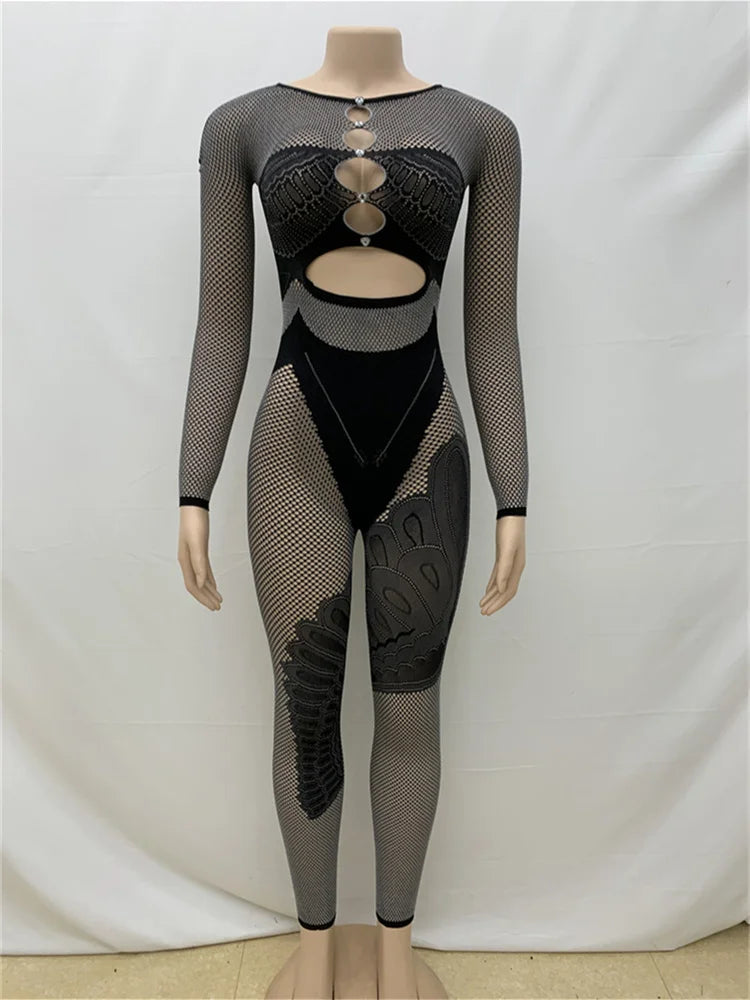 Irregular Hollow Contrast Patchwork Rhinestones Long Sleeve Jumpsuit