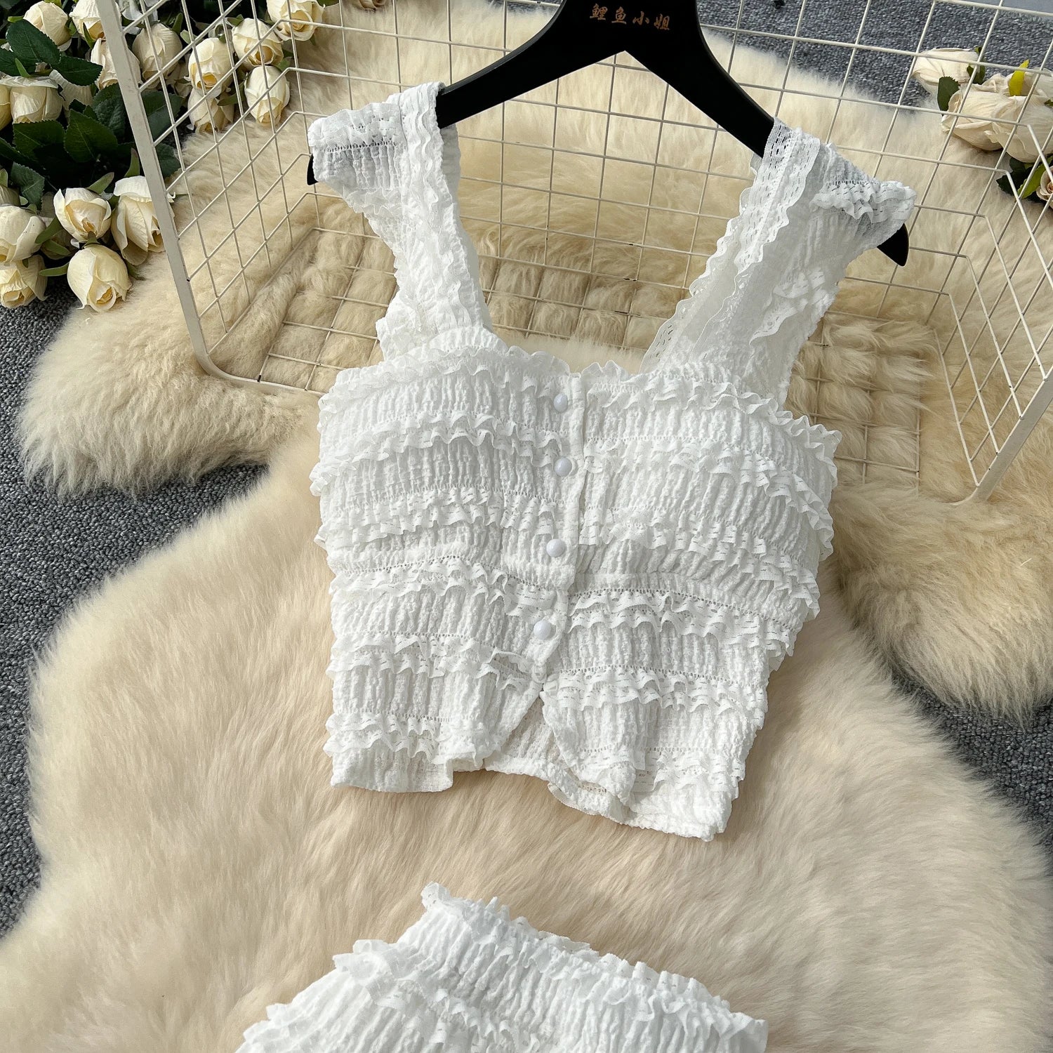 Casual Single Breasted Mini Camisole+Elastic Waist A Line Fold Slim Skirt Two Piece Sets