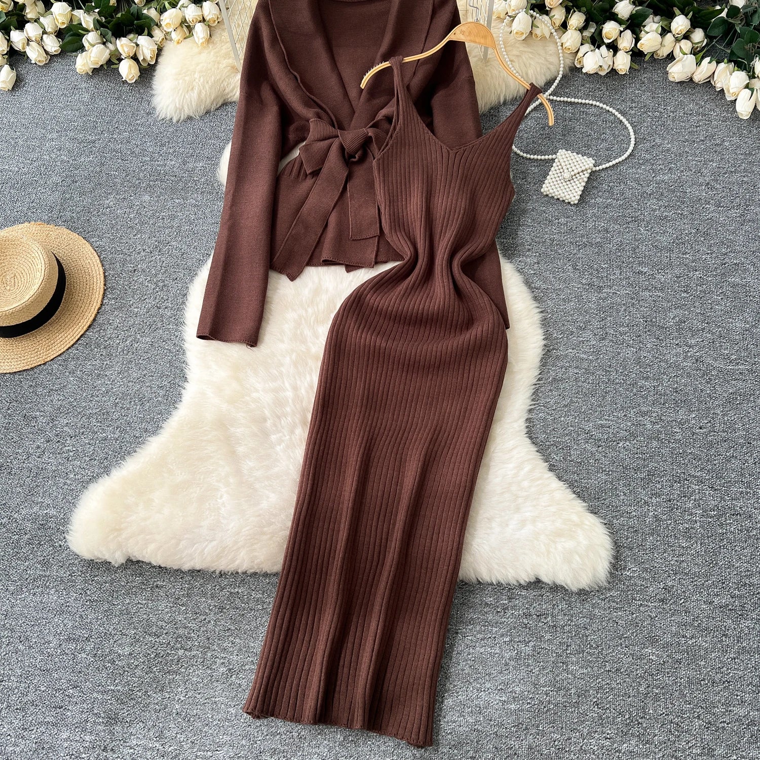 Lace Up Slim Cardigan+Sling Long Bodycon Solid Sweater Dress Two Piece Set