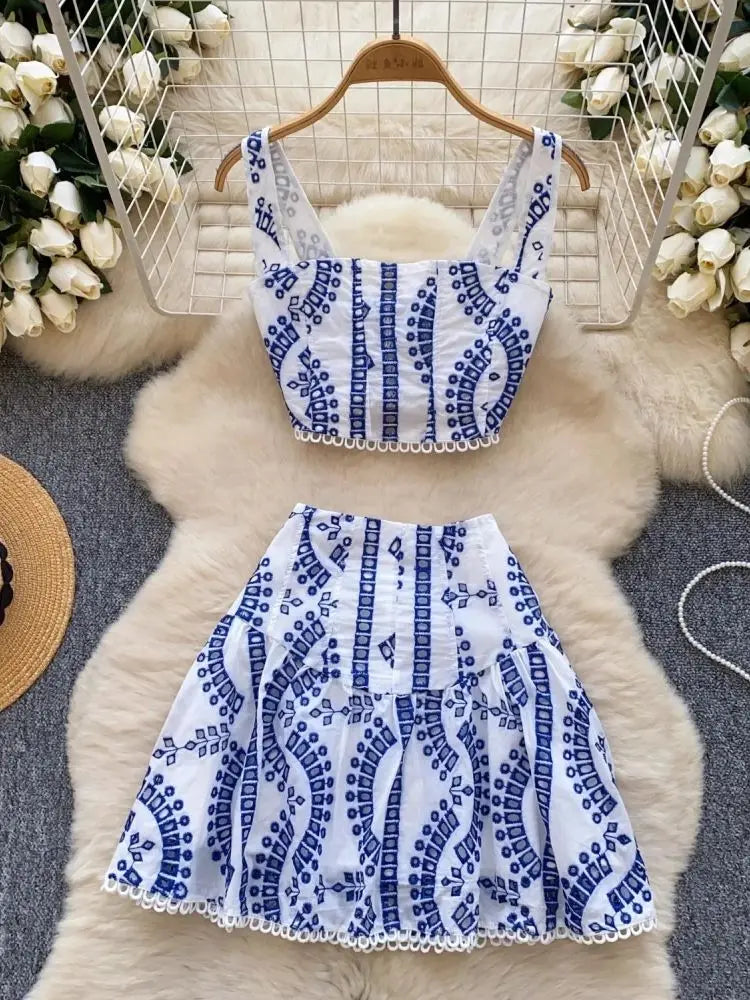 Y2k Elastic Backless Crop Top + High Waist Mini Skirts Hollow Out Two Piece Set
