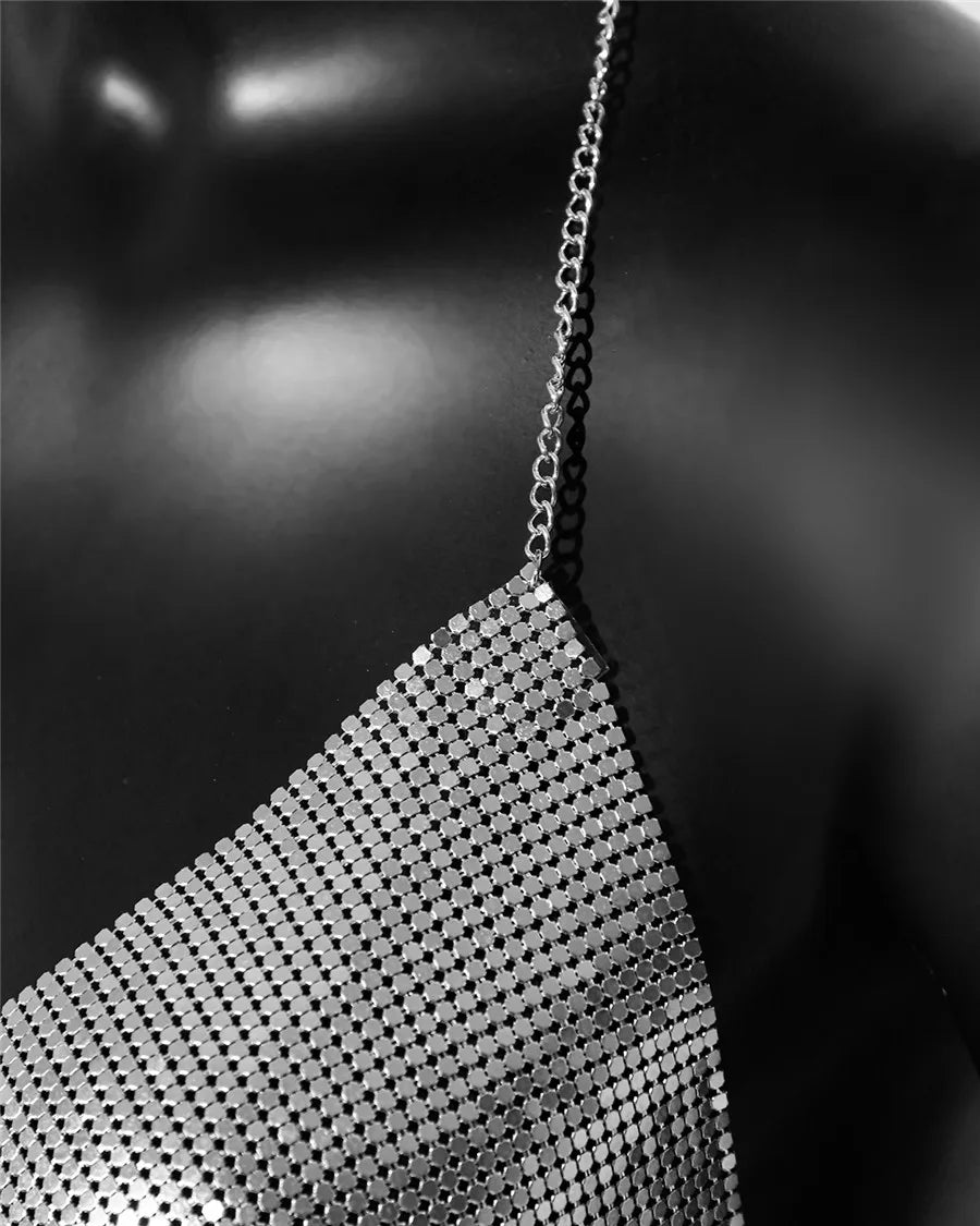 Metal Sequins Backless Halter Crop Top