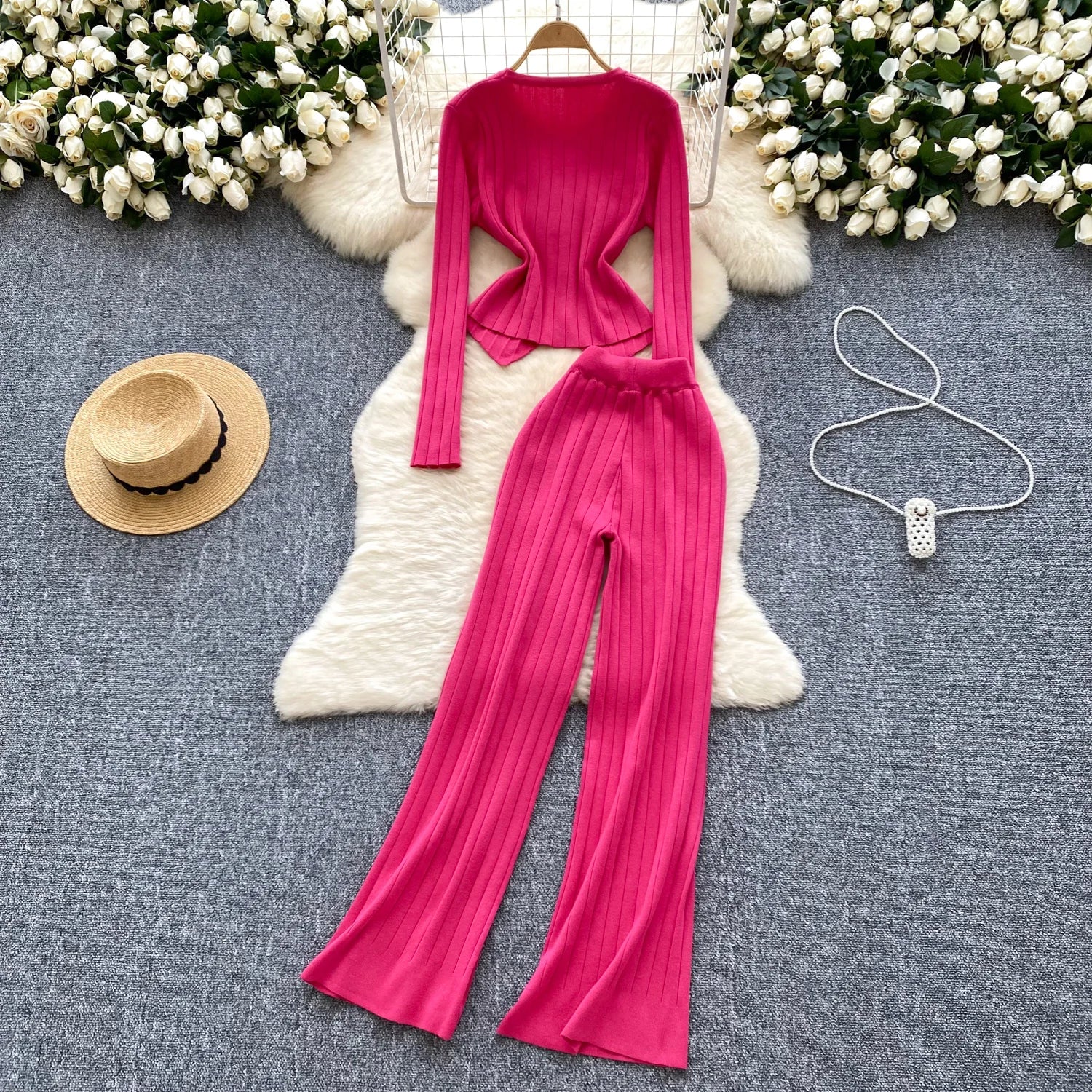 Long Sleeves Chic Buttons Pullovers+Elastic Long Pants Vintage Two Pieces Sets