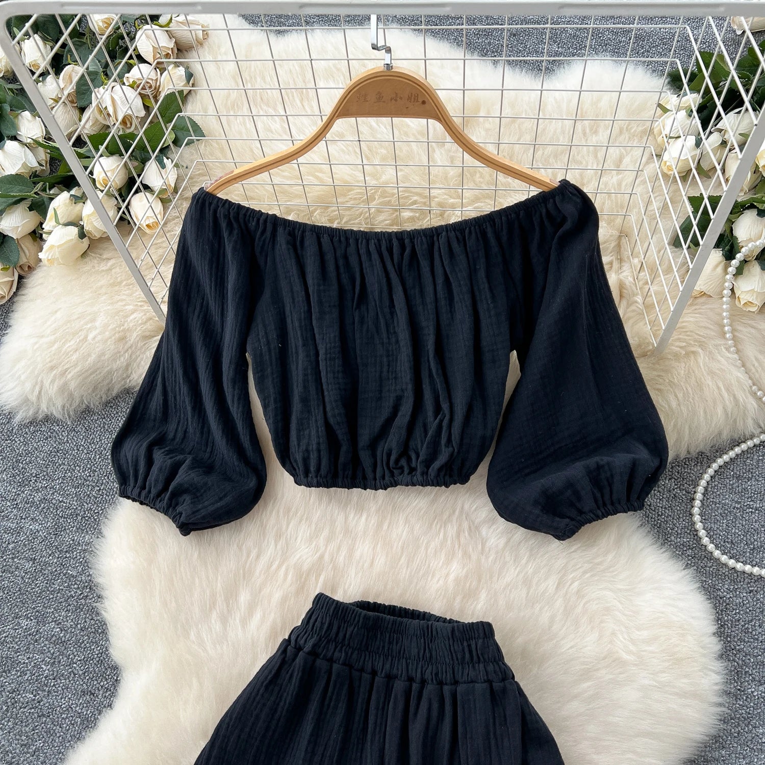 Lantern Sleeve Off Shoulder Crop Top+High Waist Wide Legs Pants Two Piece Set