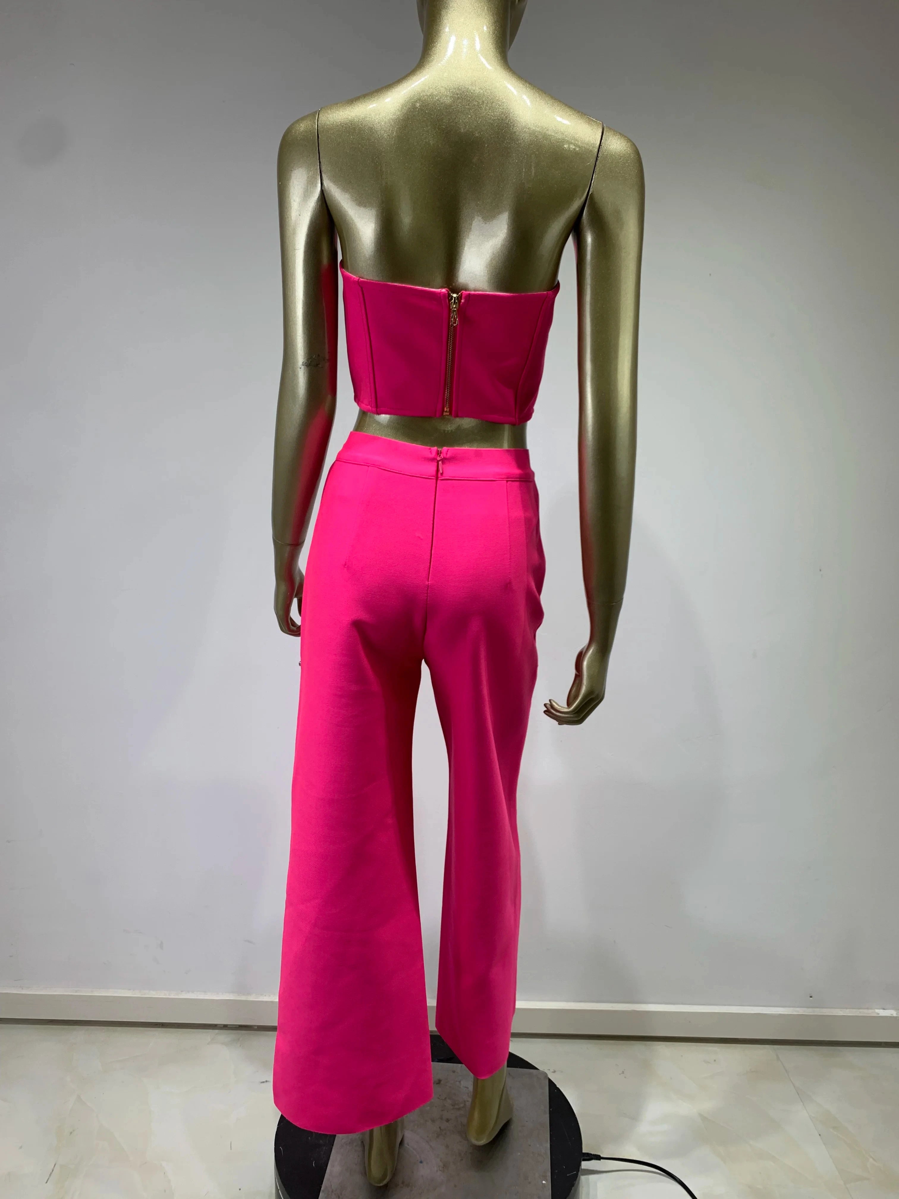 Strapless Backless Cut Out Pink Beading Bandage Pants and Top Set