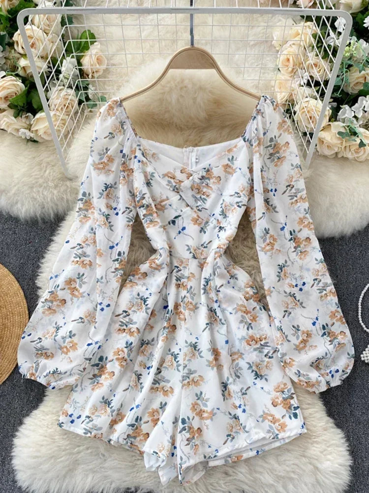 V-neck Puff Sleeves Folds Slim Floral Wide-leg Playsuit Jumpsuit