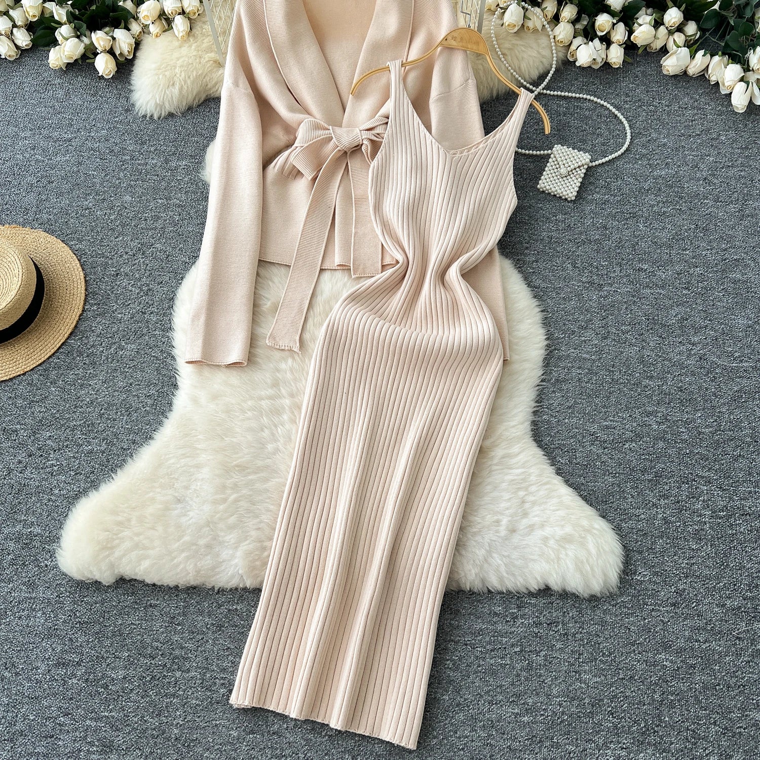 Lace Up Slim Cardigan+Sling Long Bodycon Solid Sweater Dress Two Piece Set