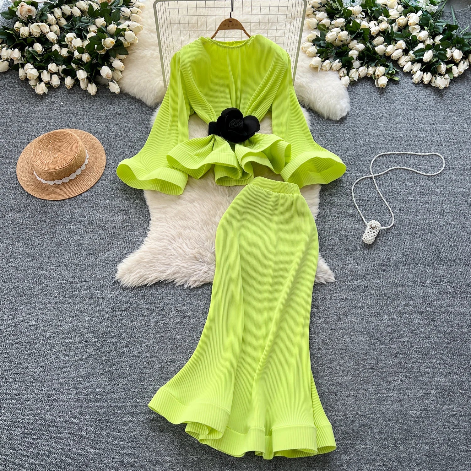 3D Flower 2pc Set Flare Sleeve Tops+Bodycon Mermaid Skirt
