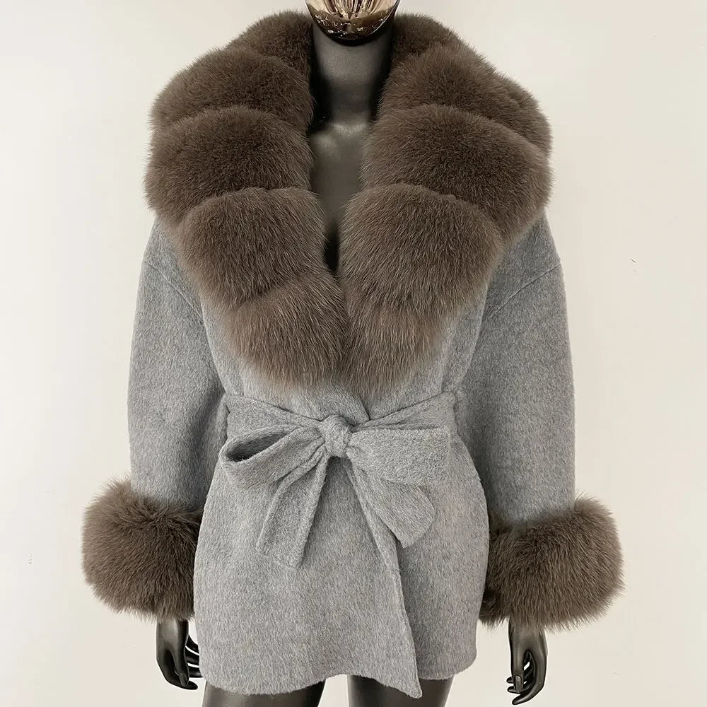 Winter Loose Outerwear Casual Natural Real Raccoon Fox Fur Blends Wool Coat