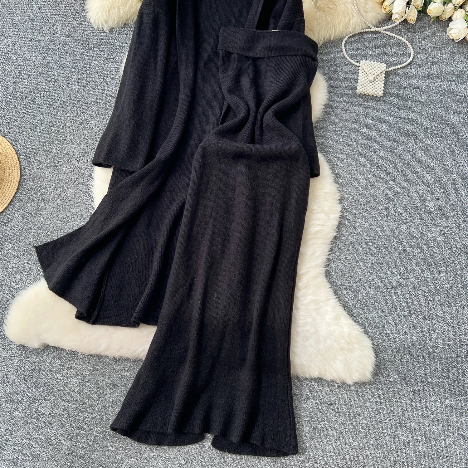 Long Sleeves Oversize Cardigan+Strapless Bodycon Dress Solid Knit 2pcs Sets