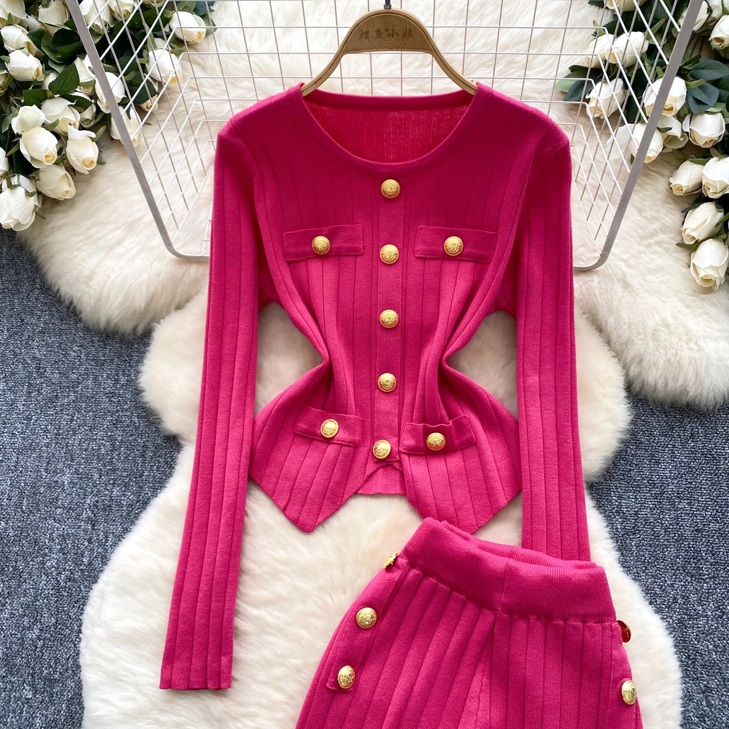 Long Sleeves Chic Buttons Pullovers+Elastic Long Pants Vintage Two Pieces Sets