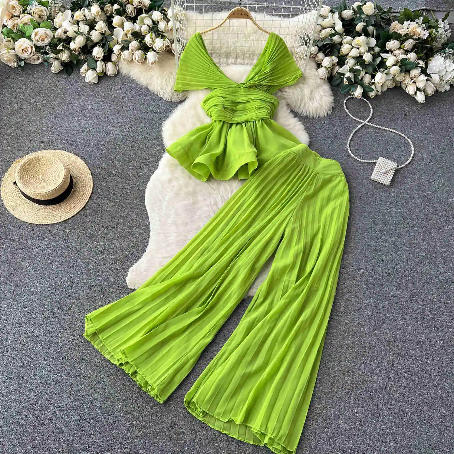 High End Elegant Pleated Sleeveless Chiffon Top+High Waist Wide Leg Pants Two Piece Set