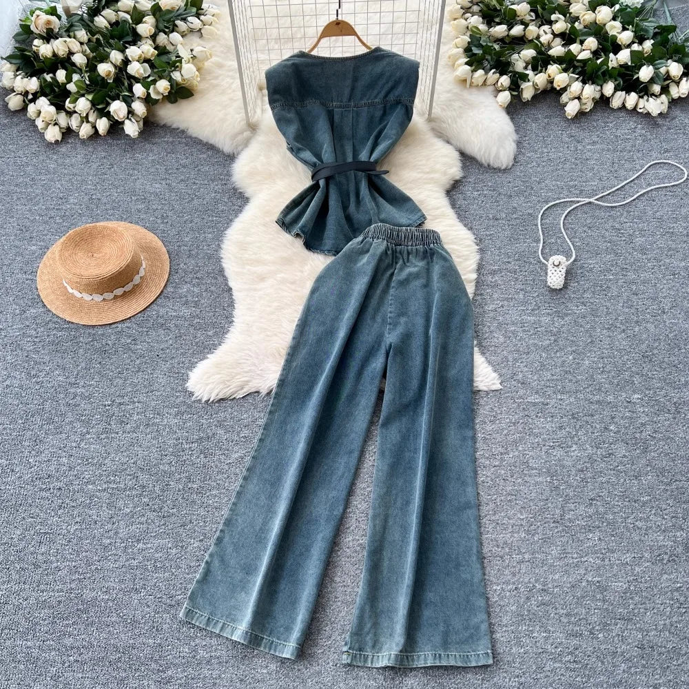 Casual Lace Up Slim Waist Denim Tops High Waist  Trousers Two Piece Set