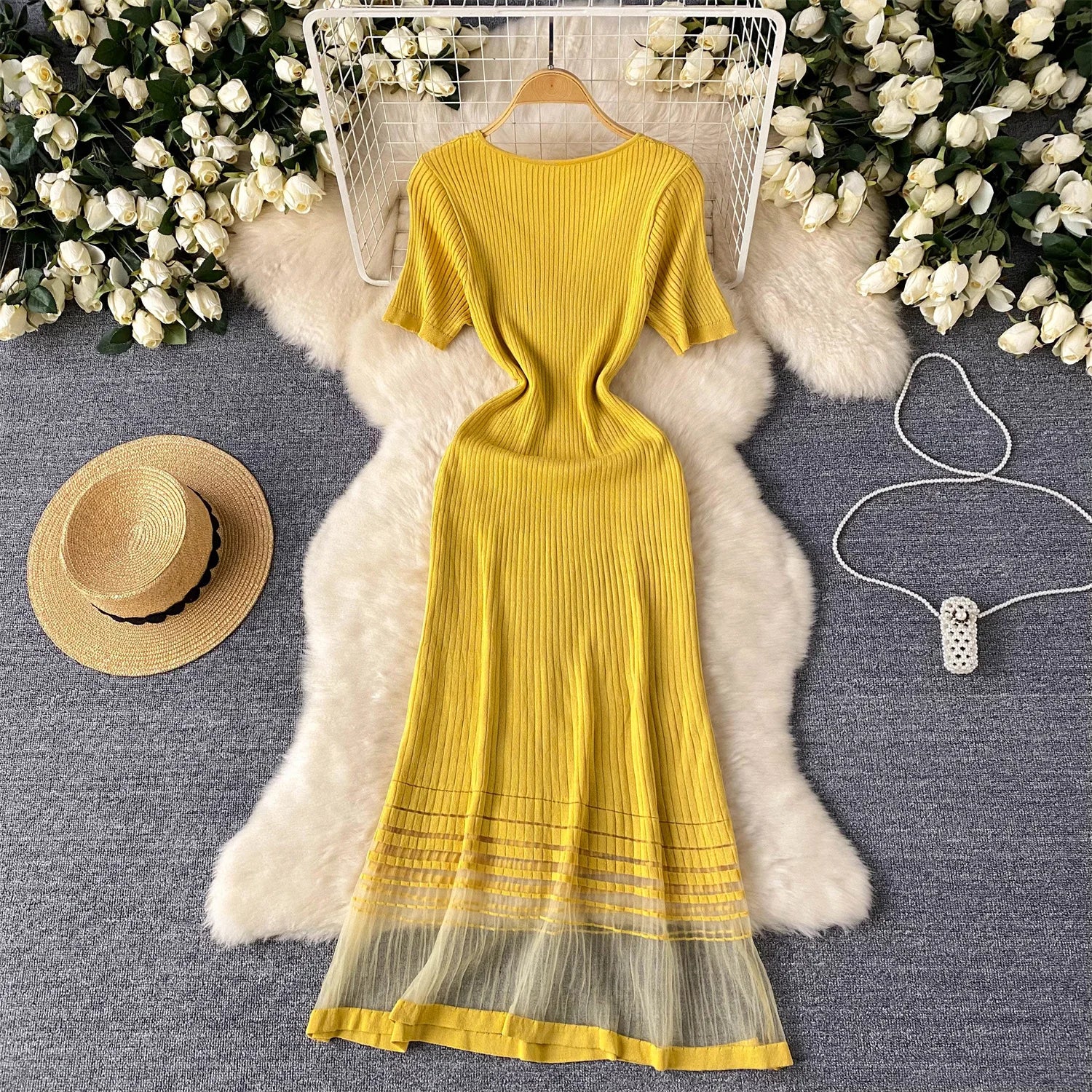 Elegant Stripe Knit Short Sleeves Mesh Patchwork Long Dress