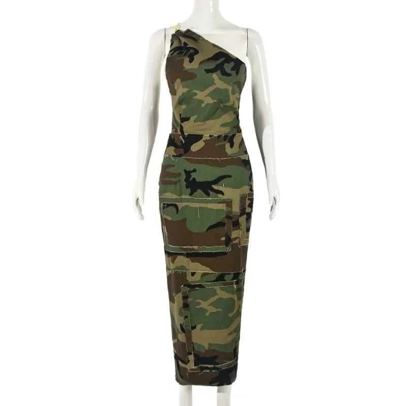 Camouflage Cargo One Shoulder Sleeveless Lace Up Backless Zip-up Midi Dress