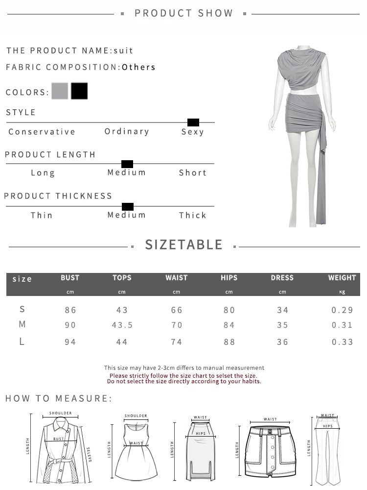 Irregular Ruched Two Piece Set Tank Tops+Side Ribbon Skirts Matching Set