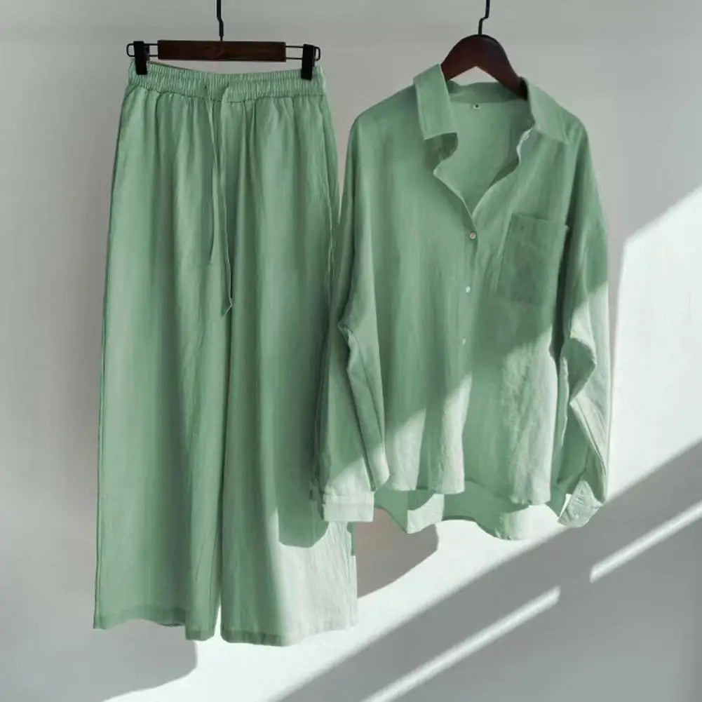 Cotton Linen  Long Pants Set Two Piece Set Vintage Long Sleeve Button Blouse Casual Suits