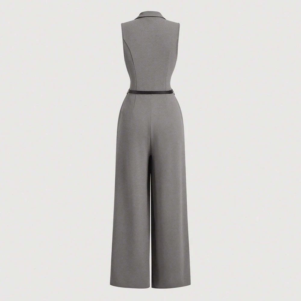 Plain Sleeveless Shawl Collar Full Length Straight Jumpsuits