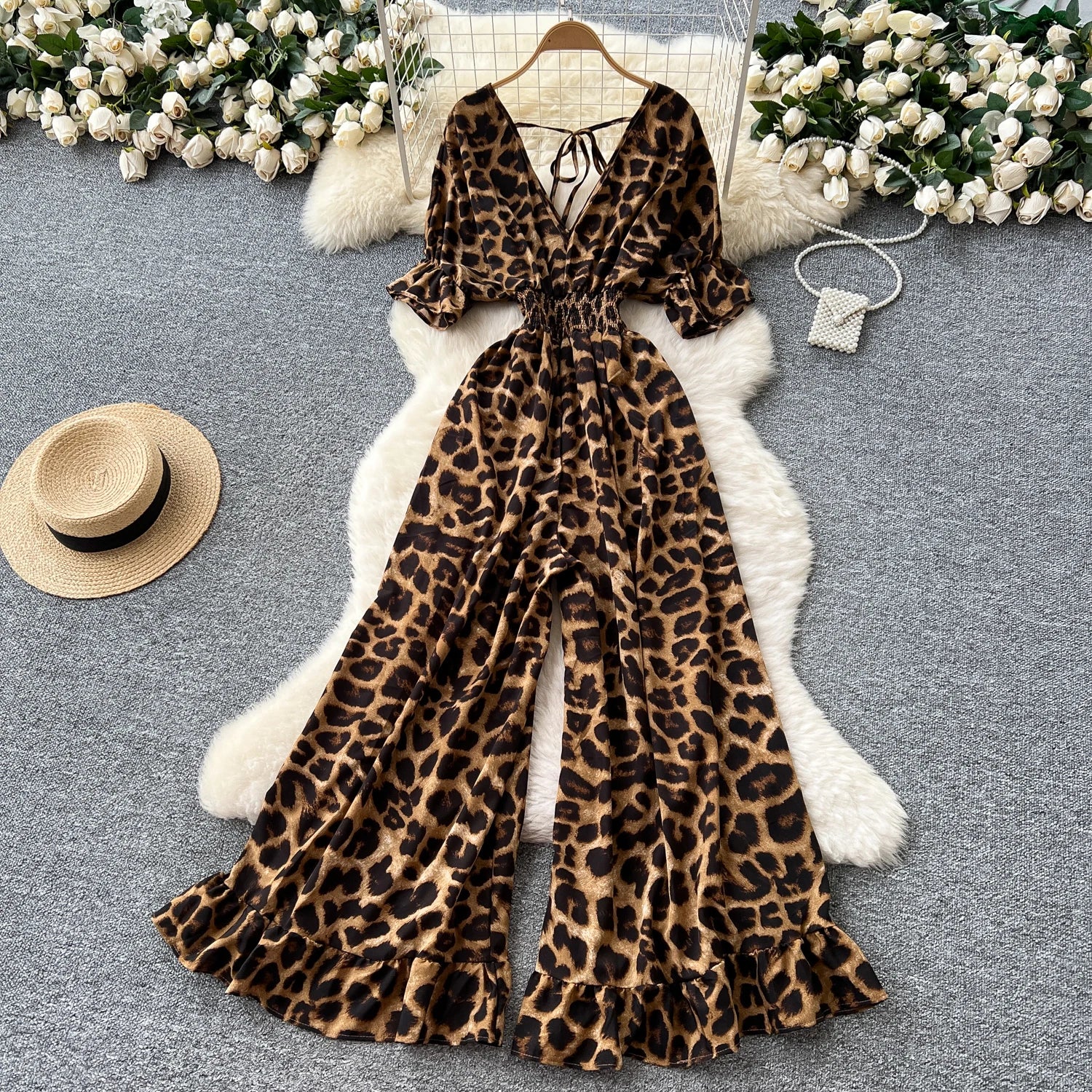 Flared Sleeves Elastic Waist Slim Fit Leopard Print Long Rompers Jumpsuit