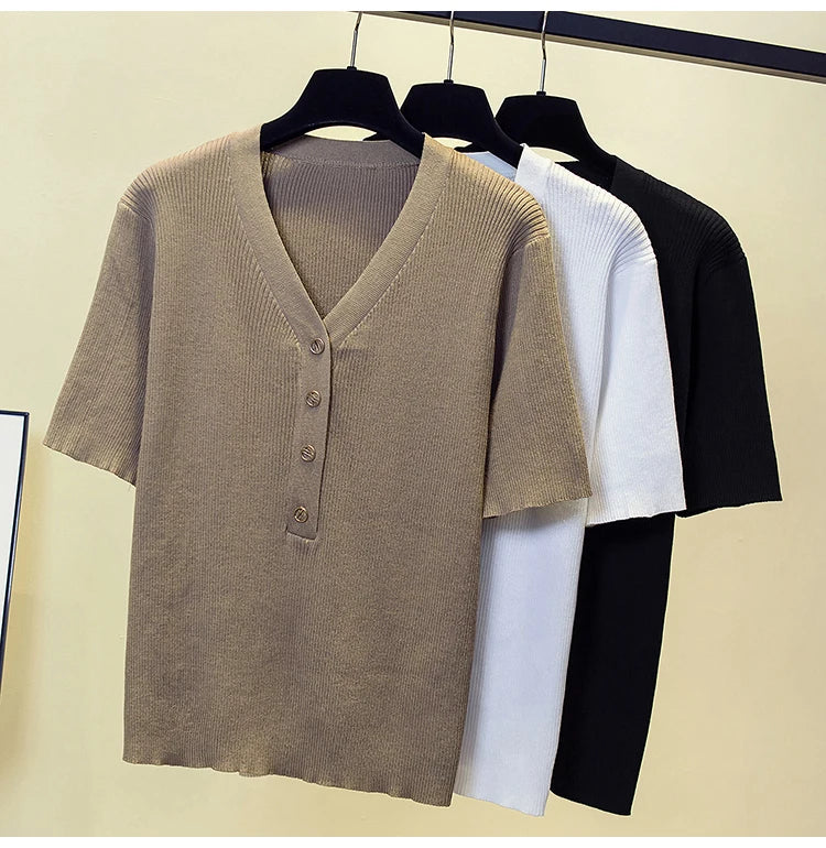 Short-sleeved V-Neck Basic Cotton Pullover Vest T-shirt