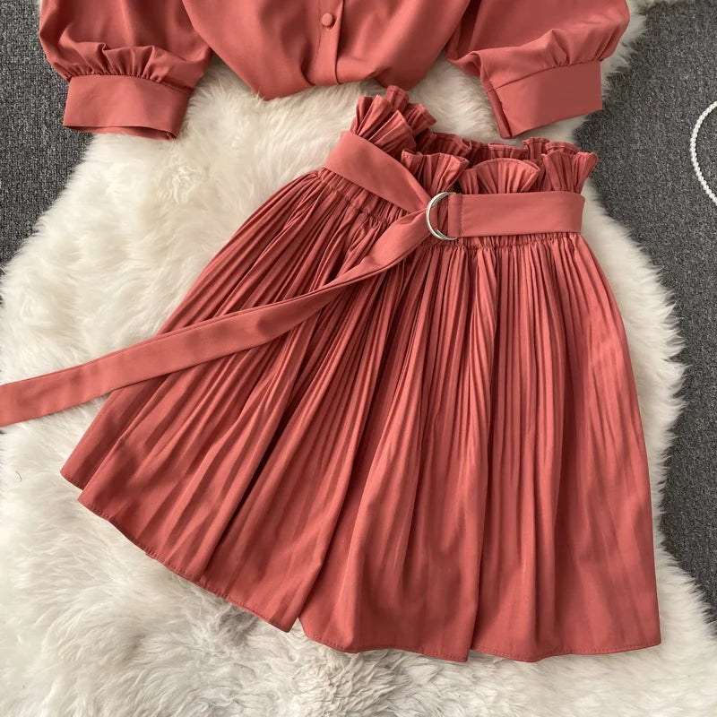 Puff Short Sleeve Shirt+Pleated A-line Short Skirt Two Piece Set