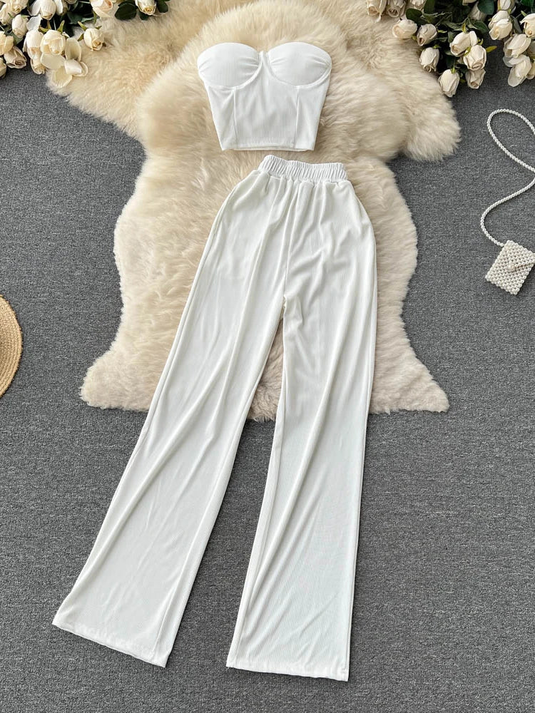 Two Piece Set Pants Suit Strapless Tops & High Waist Loose Pants  Y2k Suit