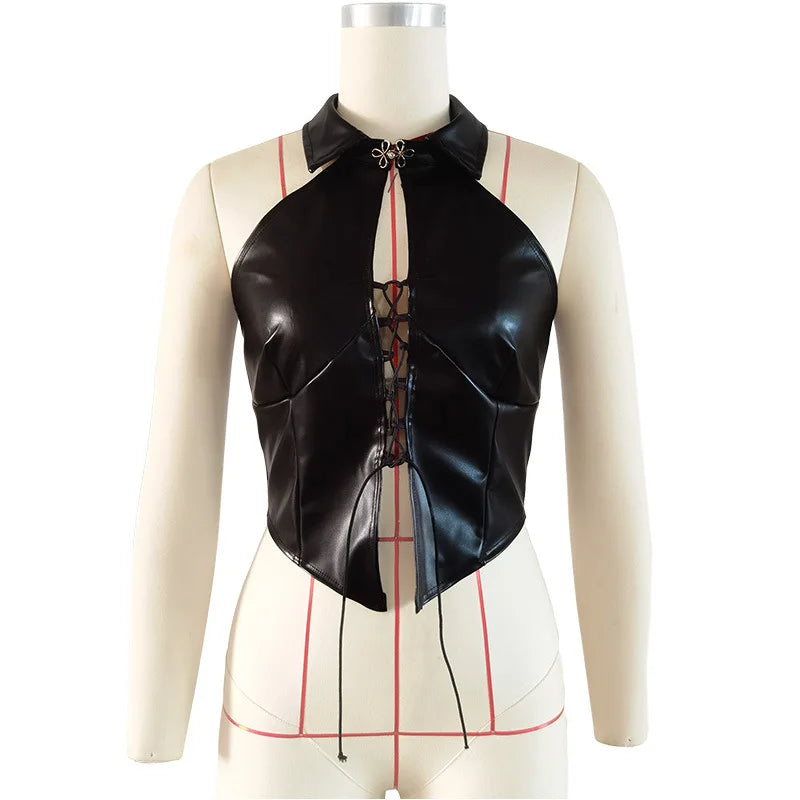 PU Imitation Leather Cross Bandage Hollow Out Halter Crop Tops