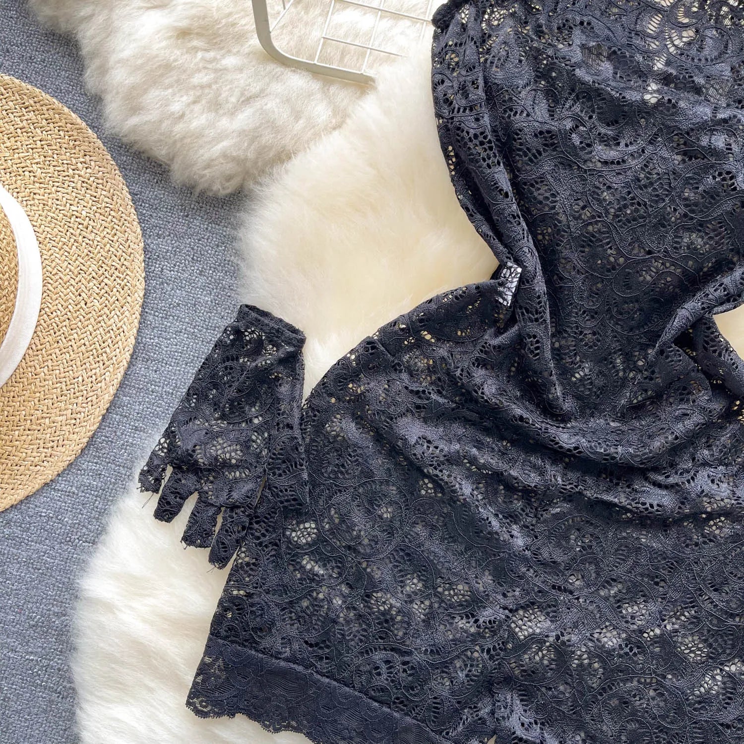 Hollow Out Lace Sleeveless Mesh Playsuit Bodysuit