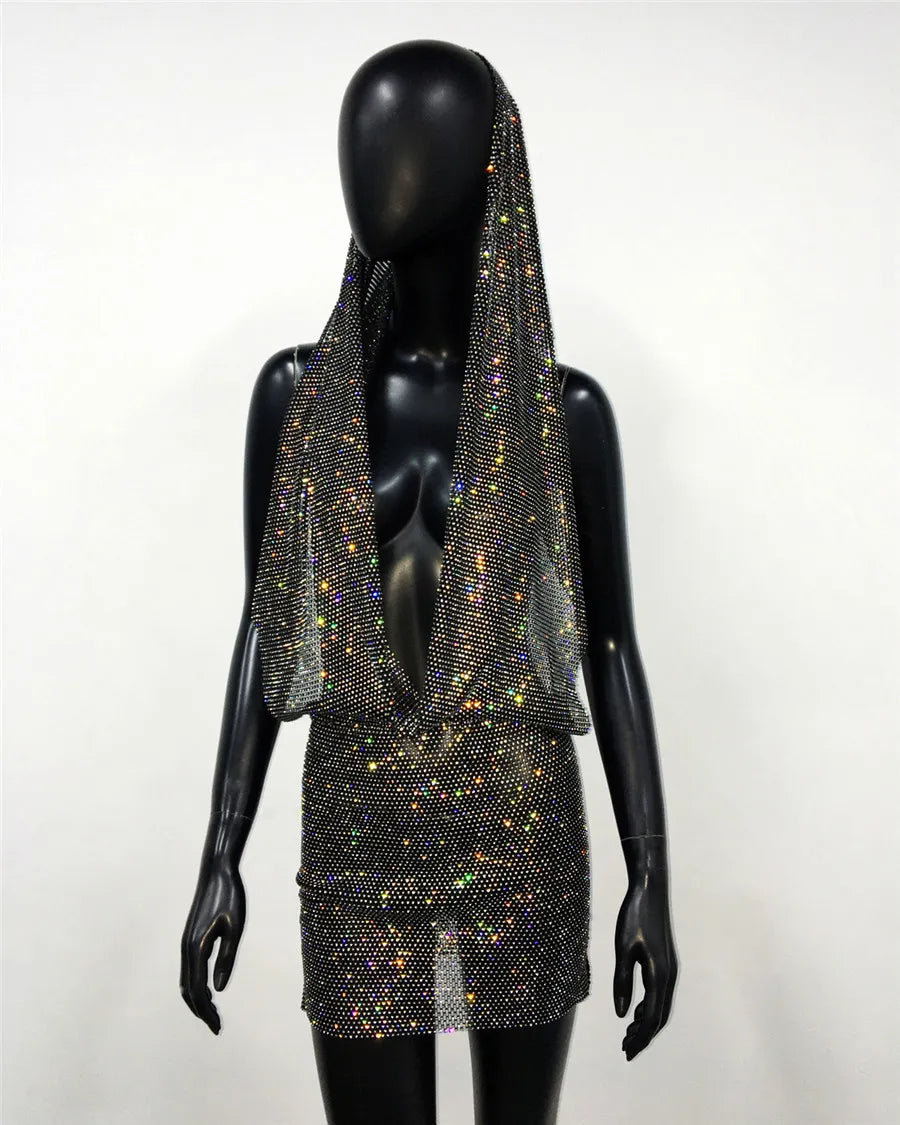 Y2K Streetwear See Through Mesh Shiny Rhinestone Bandana Head Wraps Dress