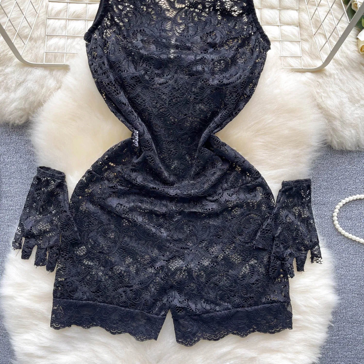Hollow Out Lace Sleeveless Mesh Playsuit Bodysuit