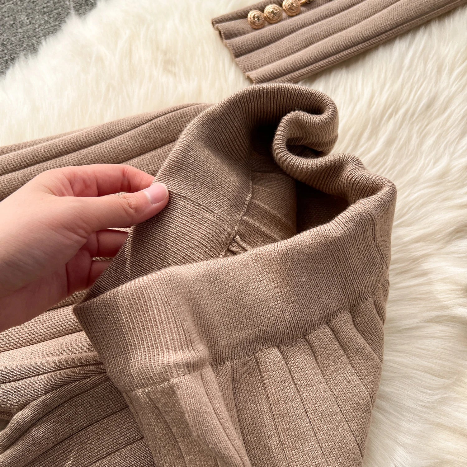 Knitted Metal Button Vest+V Neck Long Sleeves Cardigans+Wide Legs Pants Stripe Three Pieces Sets