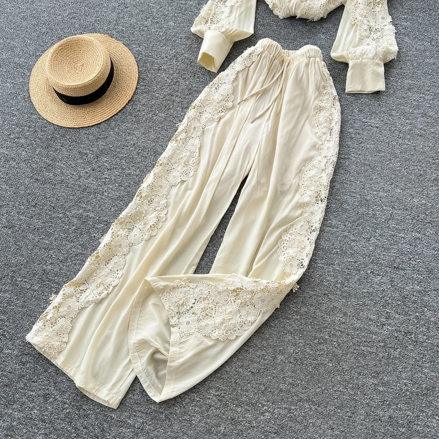 Single Breasted Lace Splice Top+High Waist Wide Legs Long Pants Hook Flower Hollow Suits