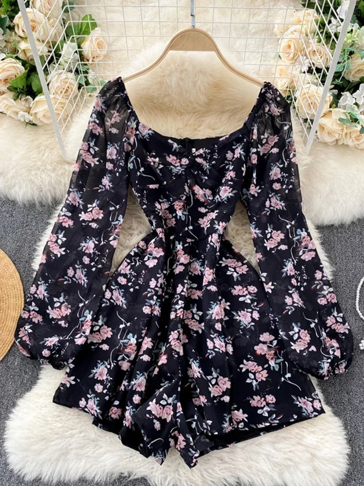 V-neck Puff Sleeves Folds Slim Floral Wide-leg Playsuit Jumpsuit