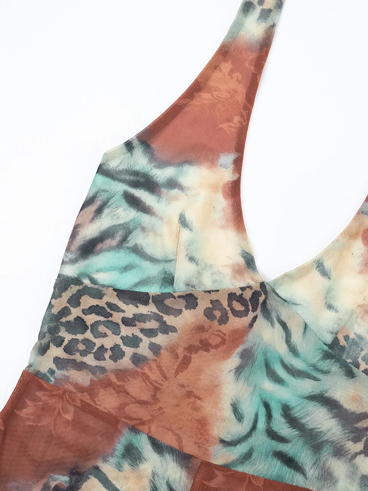 Leopard Print See Through V-Neck Halter Bandages Backless Jumpsuit
