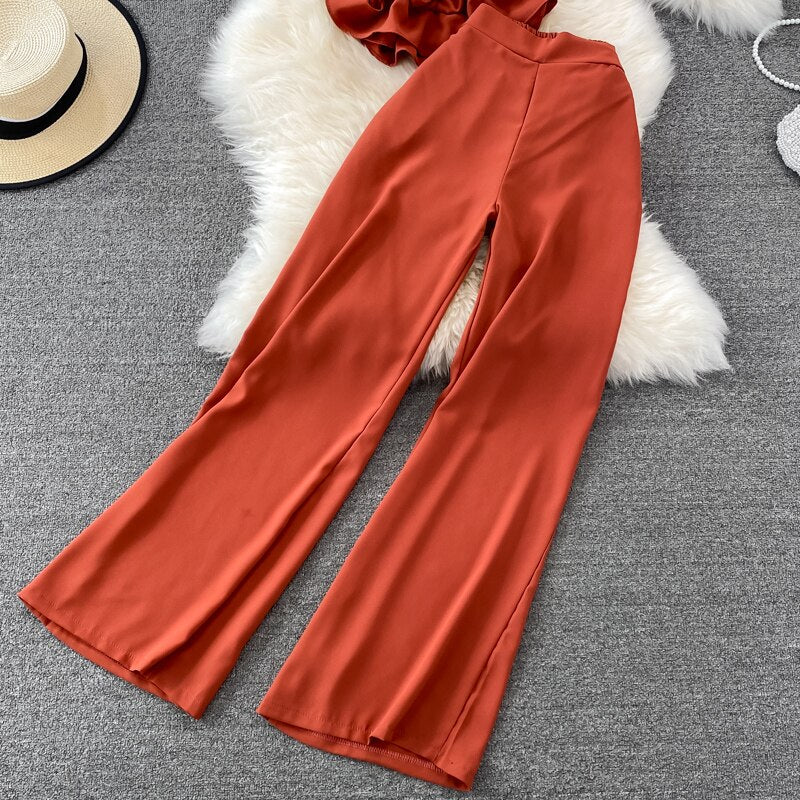 High Waist Drape Pants, Square Collar  Blouse Two-piece Suit