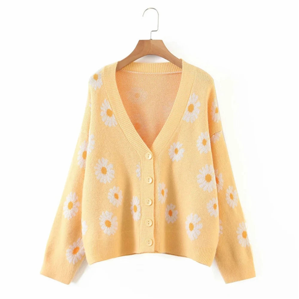 Fashion Print Soft Full Sleeve Floral Single Little Daisy V-Neck Pull Oversize Cardigan