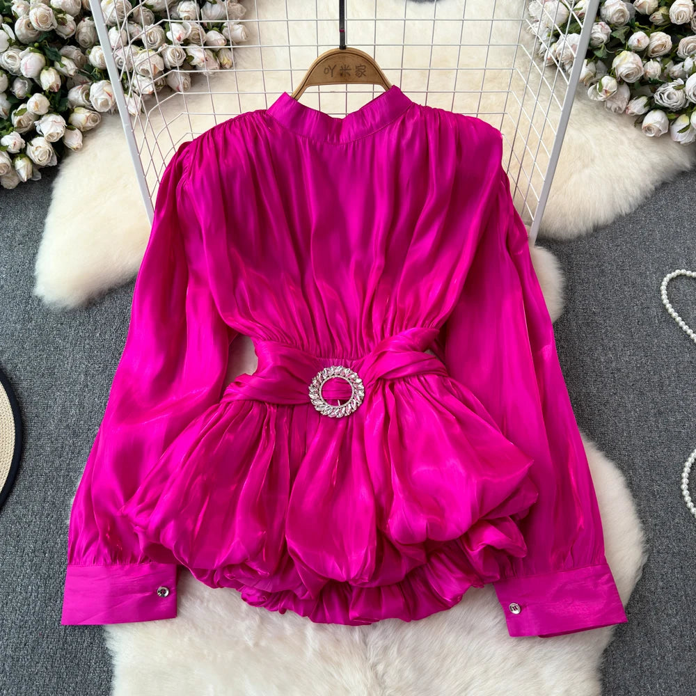 Long Sleeve Tie Up Pleated Blouse