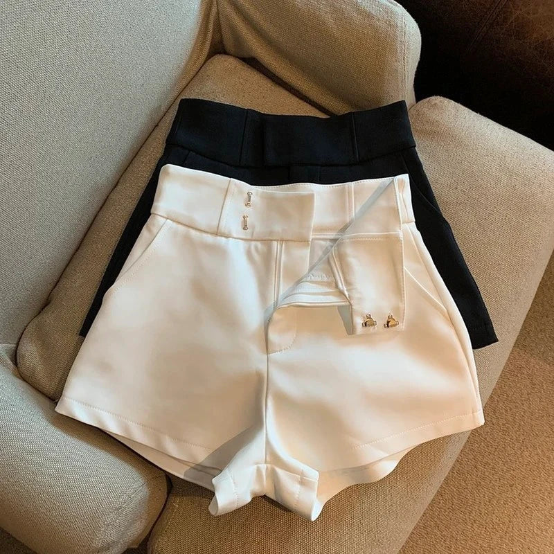Elegant High Waist White A Line Wide Leg Suit Short
