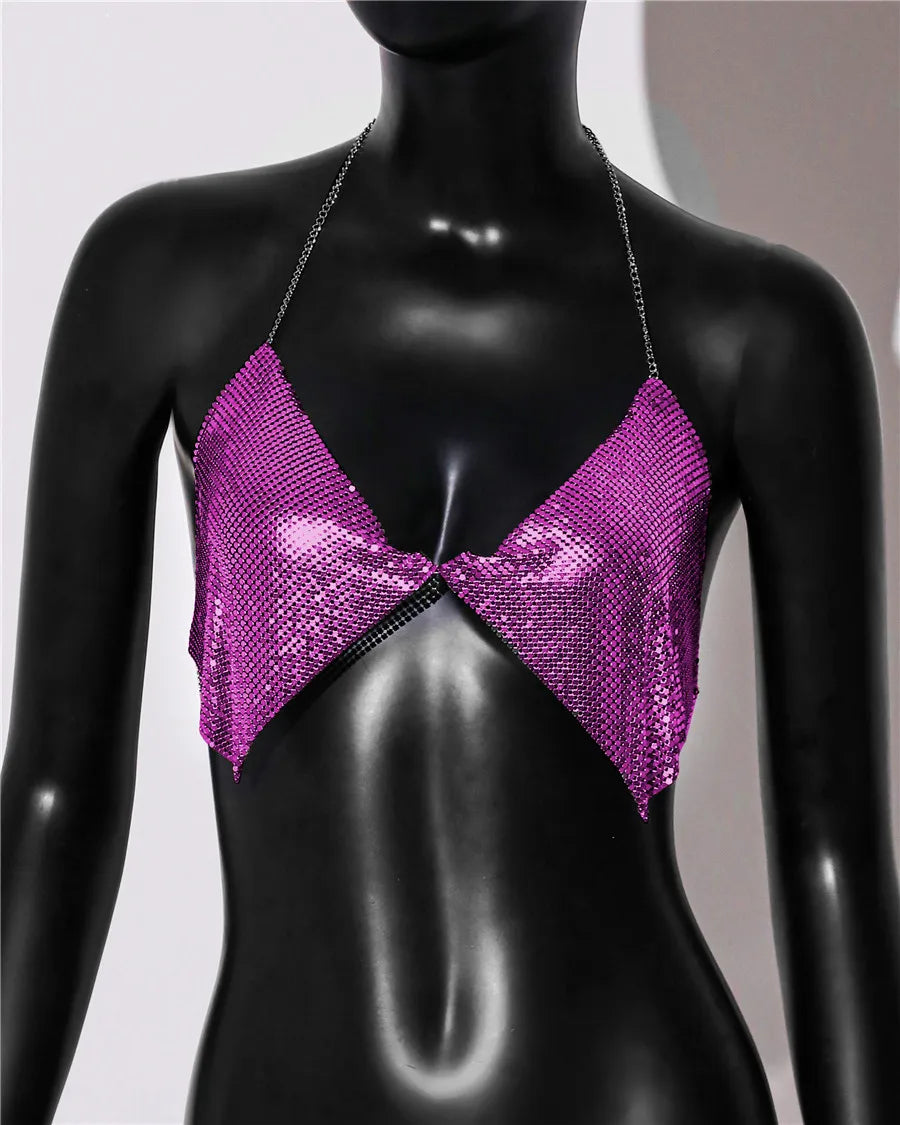 Metal Sequins Backless Halter Crop Top