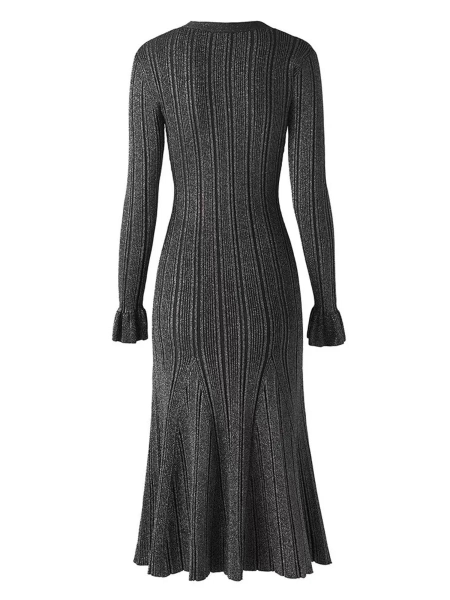 Autumn Winter Knitted V-Neck Long Sleeve Single Breasted Long Knitted Dress