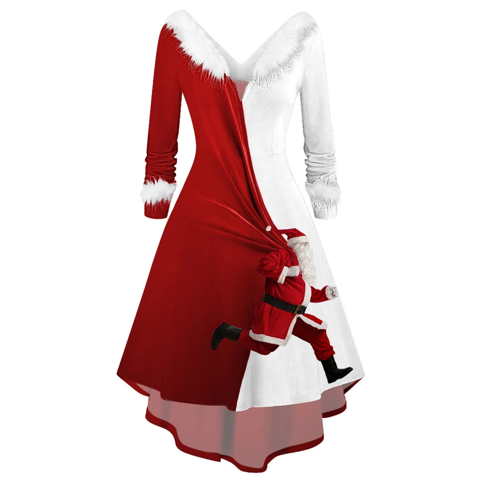 Fashion Spliced Christmas Dress Women Winter Furry Plush Party Dress Female Long Sleeve Irregular A -line Dress Vestidos Navidad