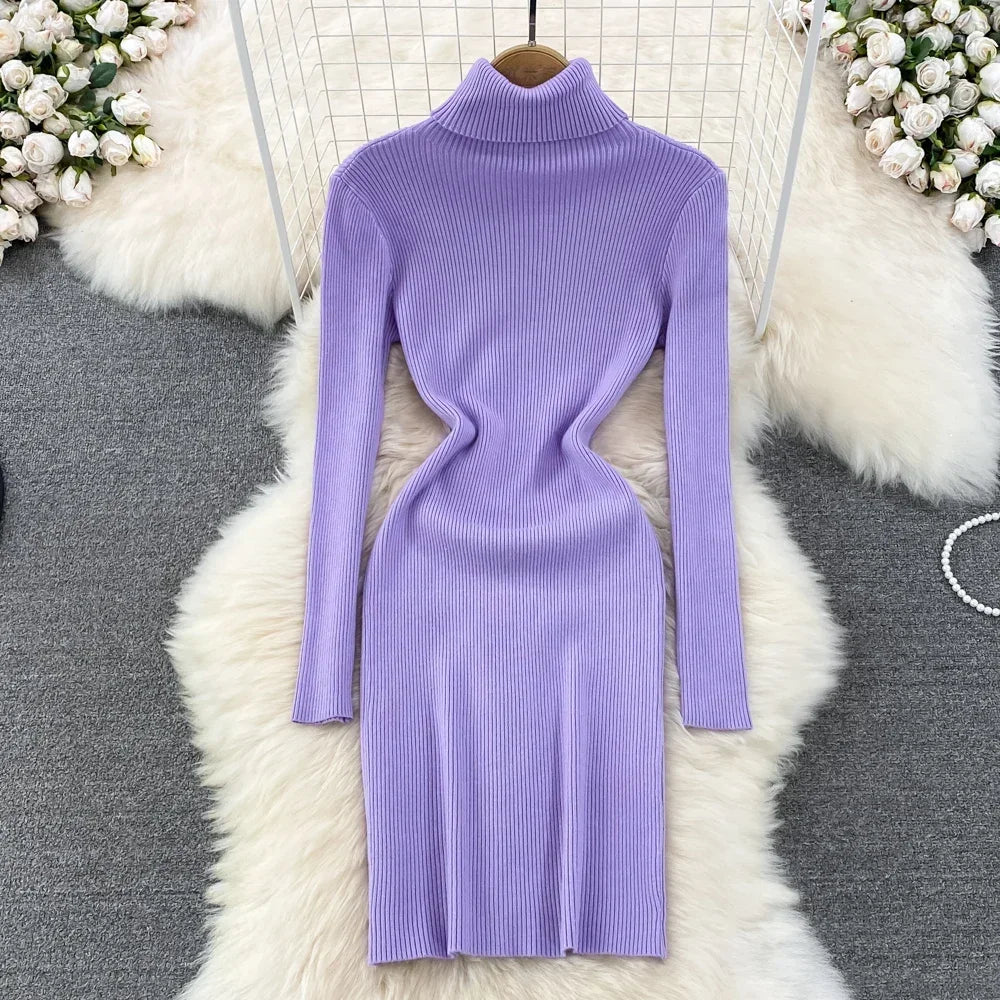 Elegant Turtleneck Long Sleeve Knit Bodycon Pencil Sweater Dress Autumn Winter Clothing